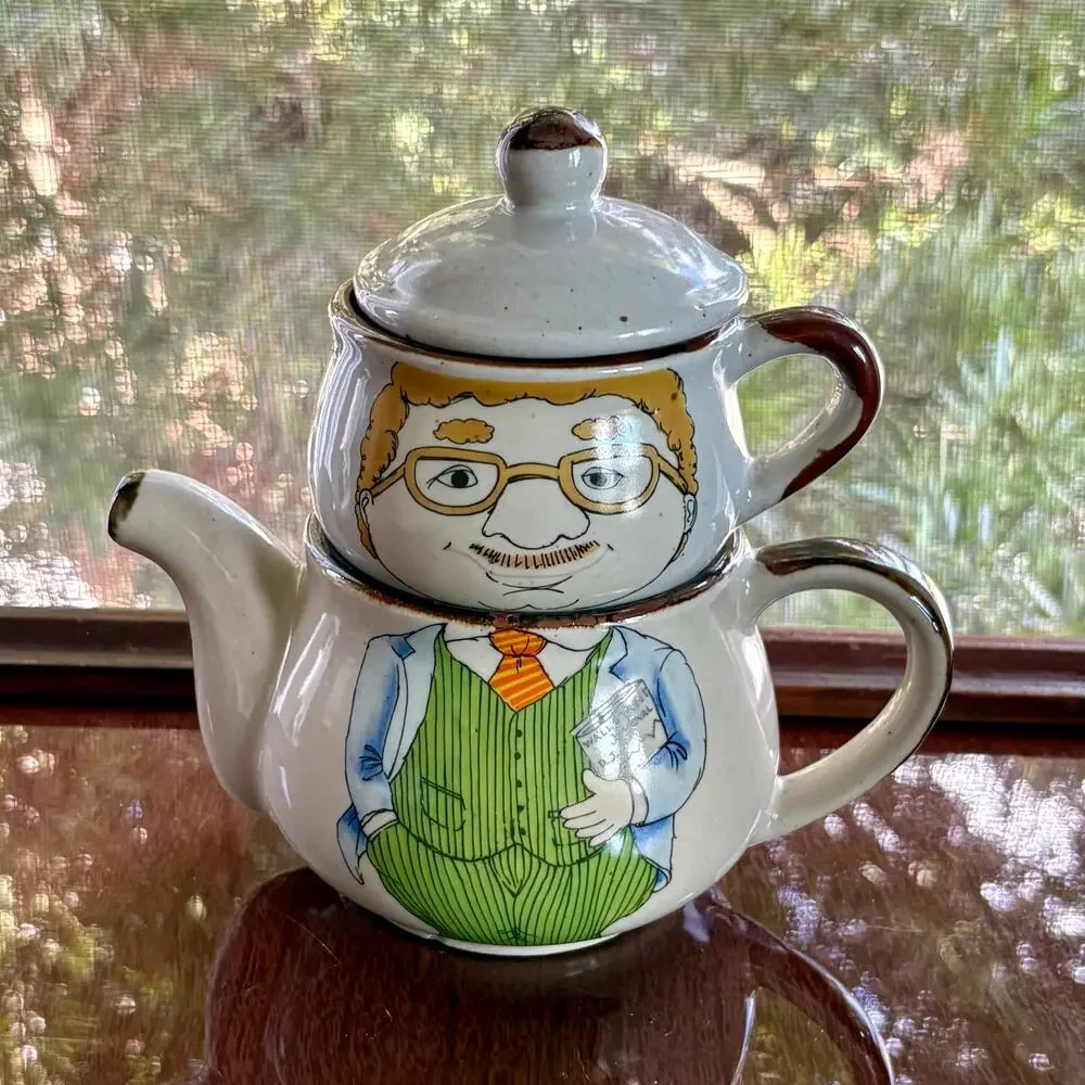 Vintage Tea for One Set, Mustache Man Stackable Teapot & Mug